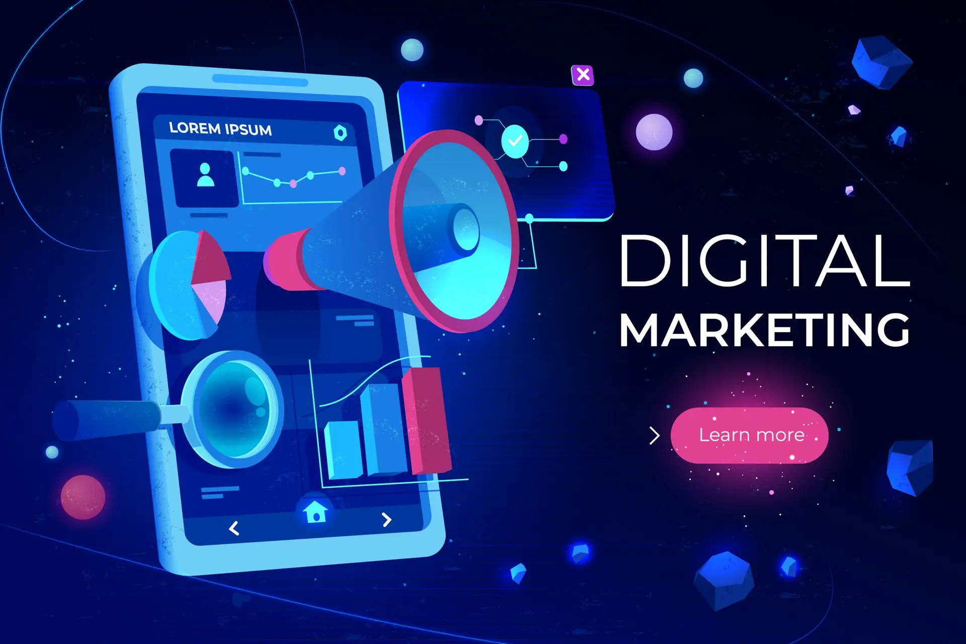 Digital marketing concept with a smartphone, charts, megaphone, and analytics visuals representing online marketing strategies.