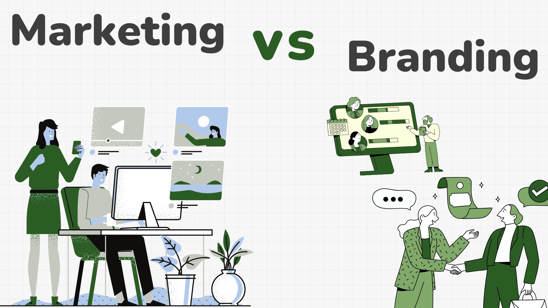 A comparison of Marketing vs. Branding with illustrated visuals. The left side represents marketing with social media, video content, and online engagement, while the right side represents branding with customer relationships, identity, and trust-building.